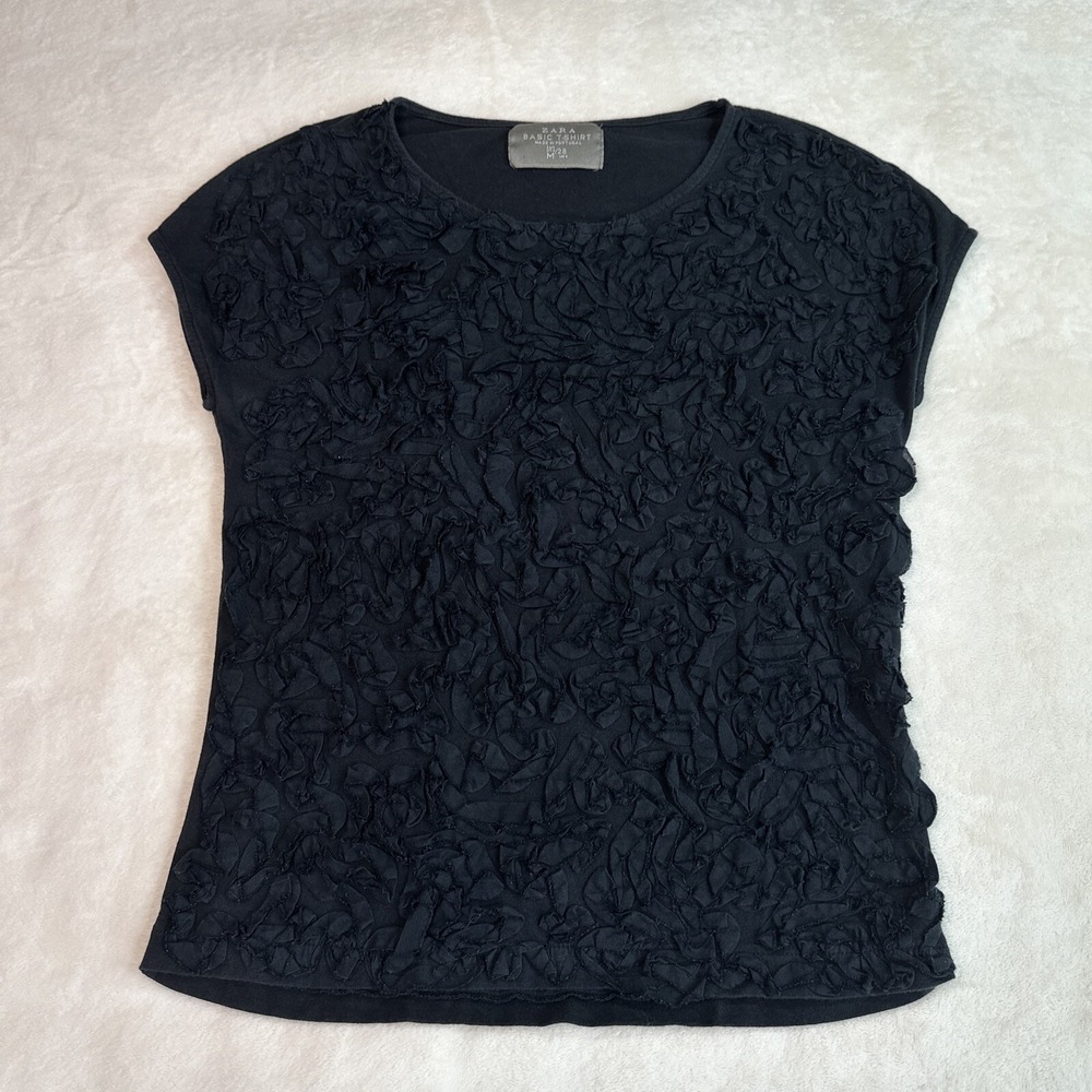 Zara T Shirt Womens Medium Black Short Sleeve Ruffle Embellished Crew Neck